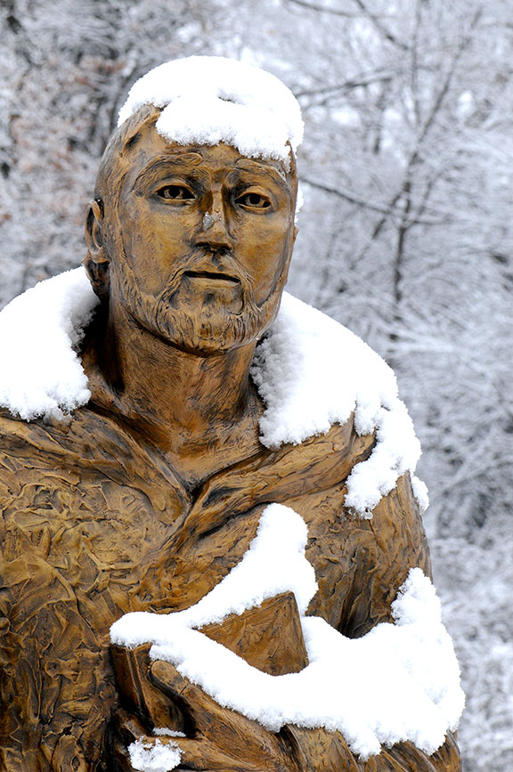 St. Benedict Statue in the Snow